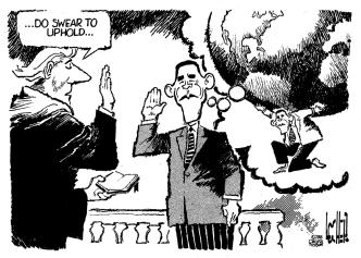 Barack Obama Inauguration 2009. Don't Take that Oath, Barack Illustrated by Dick Locher