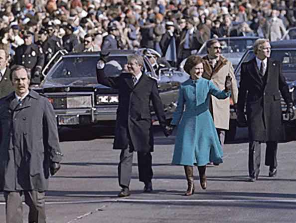 President Jimmy Carter, center left, and wife Rosalynn walk down Pennsylvania Avenue in Washington during his 1977 inauguration. JIMMY CARTER LIBRARY/NATIONAL ARCHIVES/MCT